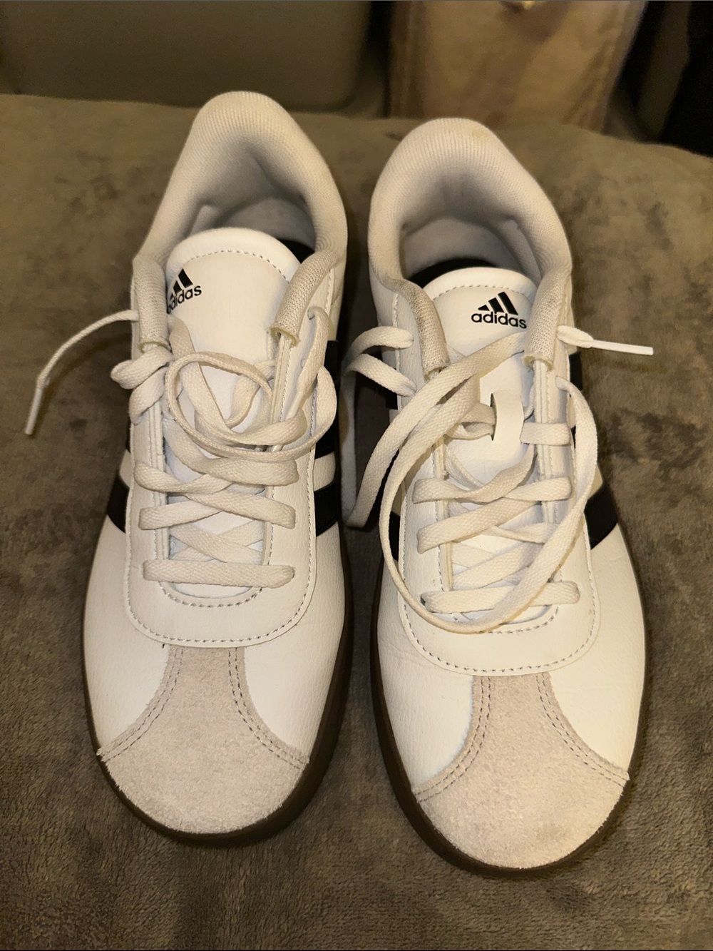 adidas White Sneakers with Black Stripes and Beige Suede